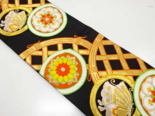 アンティーク　光悦垣に蝶・花模様織り出し袋帯（着用可）